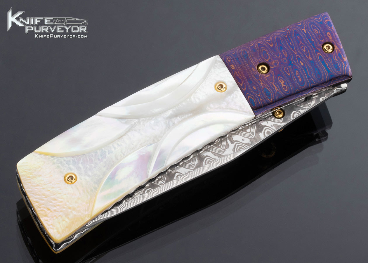 Suchat Jangtanong Custom Knife Damascus Timascus and Carved South Sea Gold Lip Pearl Liner Lock - Image 3