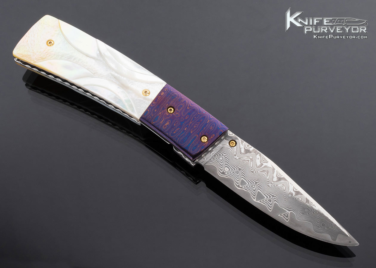 Suchat Jangtanong Custom Knife Damascus Timascus and Carved South Sea Gold Lip Pearl Liner Lock - Image 4