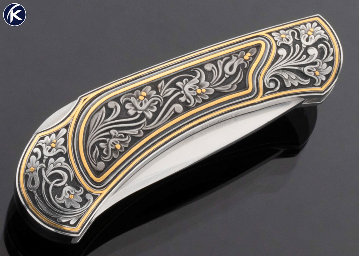 Buster Warenski “Watch Pocket” Lockback Folder Engraved by Julie Warenski 24Kt Gold Inlays - Image 3