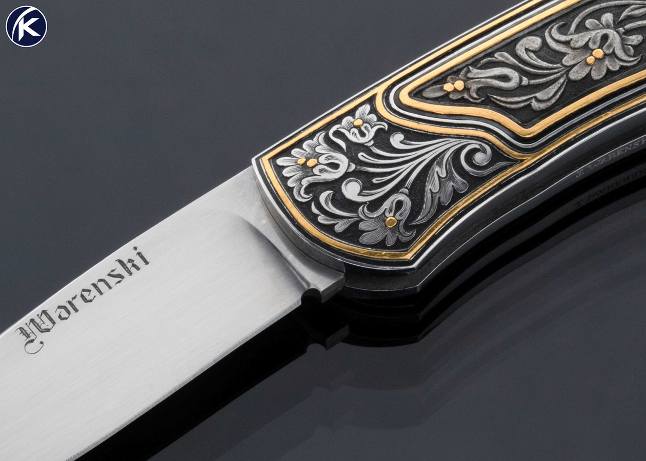 Buster Warenski “Watch Pocket” Lockback Folder Engraved by Julie Warenski 24Kt Gold Inlays - Image 2