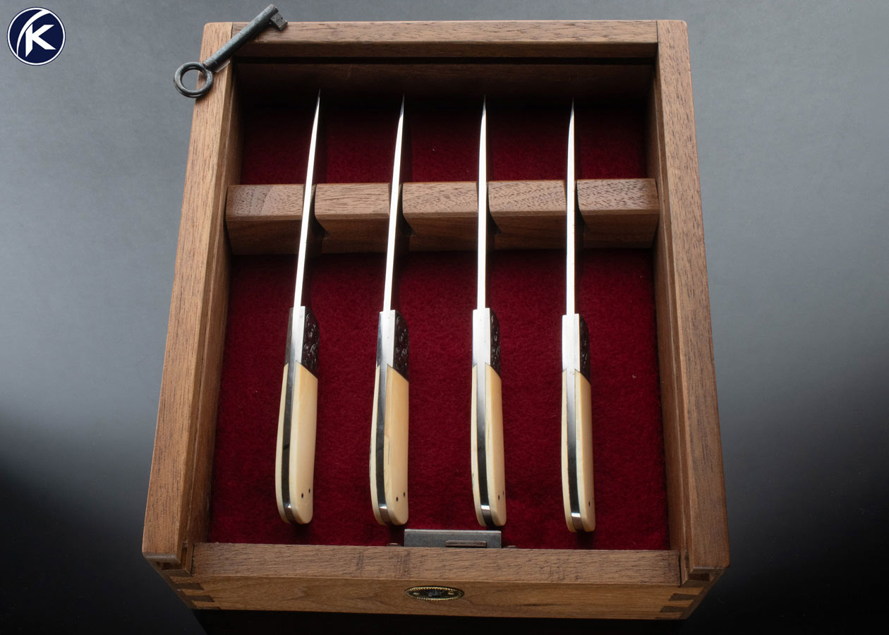Dennis Friedly Custom Knife Set of 4 Bruce Shaw Engraved Mammoth with Wood Lockable Display Box 16630