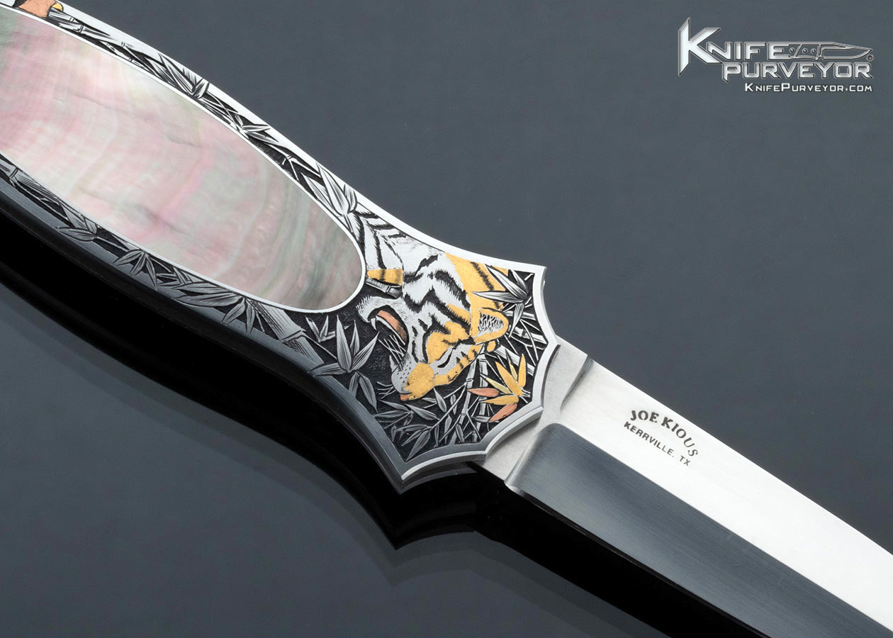 Joe Kious Custom Knife Black Lip Tahitian Pearl Shell Interframe Lockback Engraved by C.J. Cai - Image 3