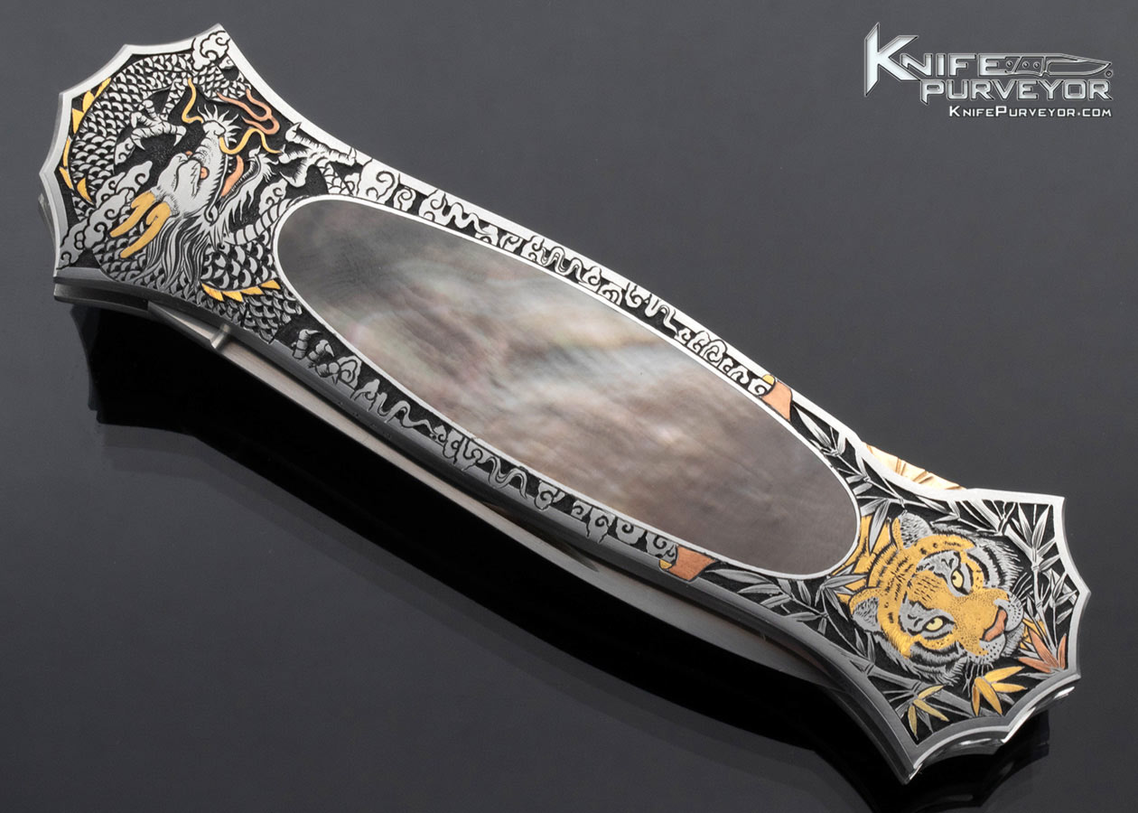 Joe Kious Custom Knife Black Lip Tahitian Pearl Shell Interframe Lockback Engraved by C.J. Cai - Image 4