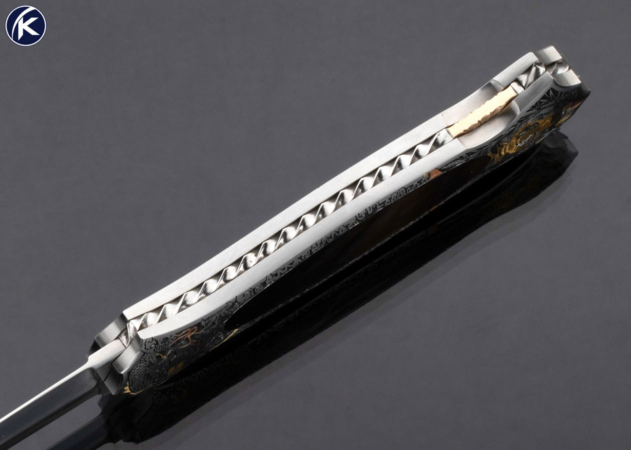 Joe Kious Custom Knife Black Lip Tahitian Pearl Shell Interframe Lockback Engraved by C.J. Cai - Image 6
