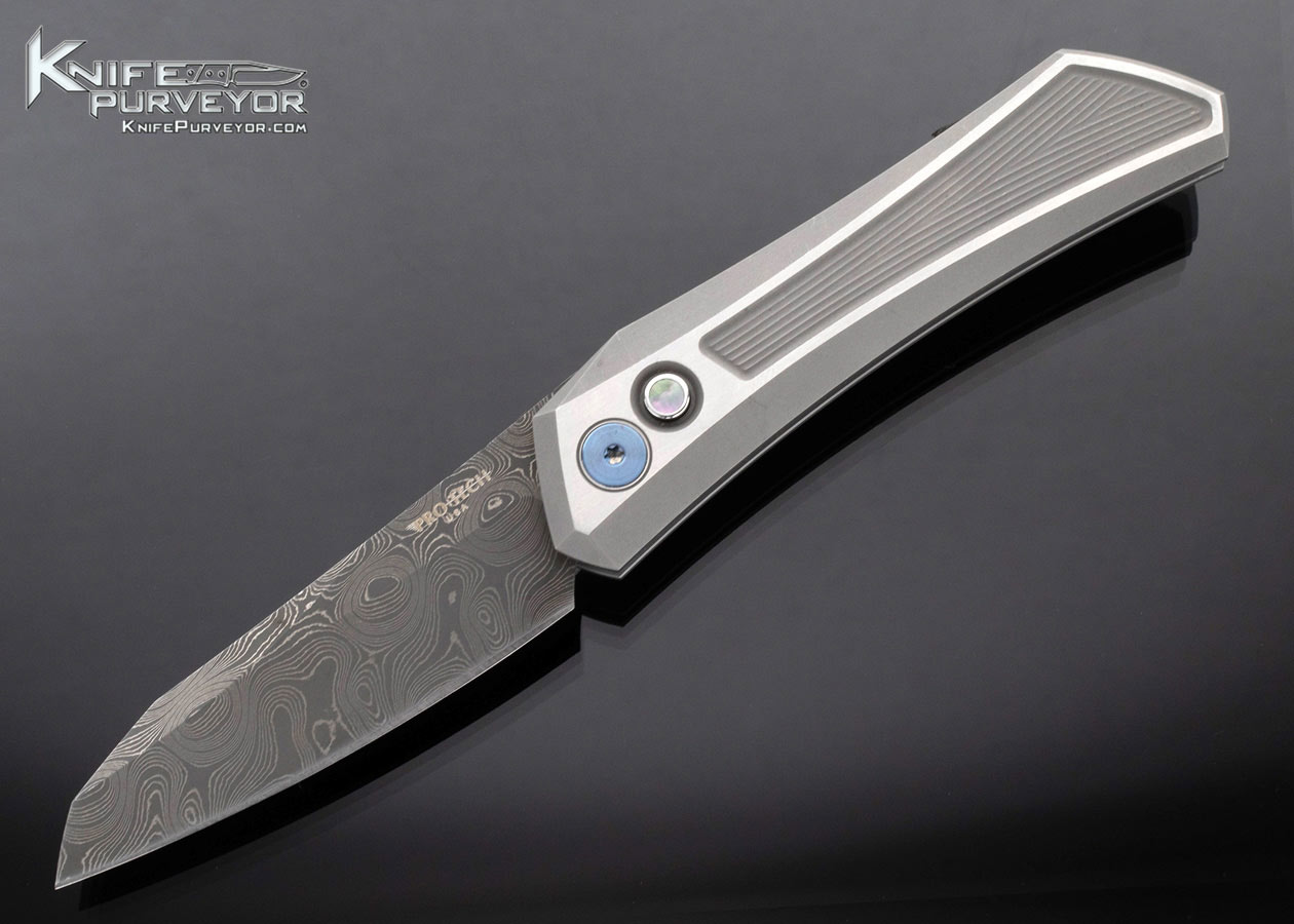 ProTech D. Sinkevich Design Oligarch Stainless Steel with Chad Nichols Virus Damascus Button Lock Auto 19 of 100 16668