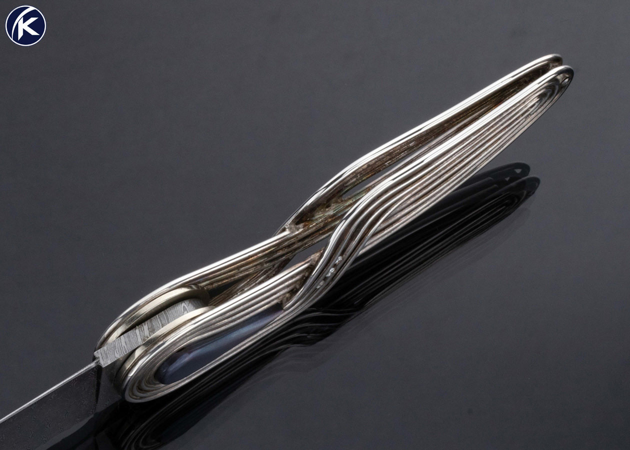 Arthur Soppera Custom Knife Turkish Twist Damascus, Titanium and Fine Silver Button Lock - Image 6