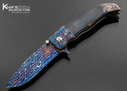 Butch Ball Custom Knife Mosaic Damascus and Blue Mammoth Linerlock