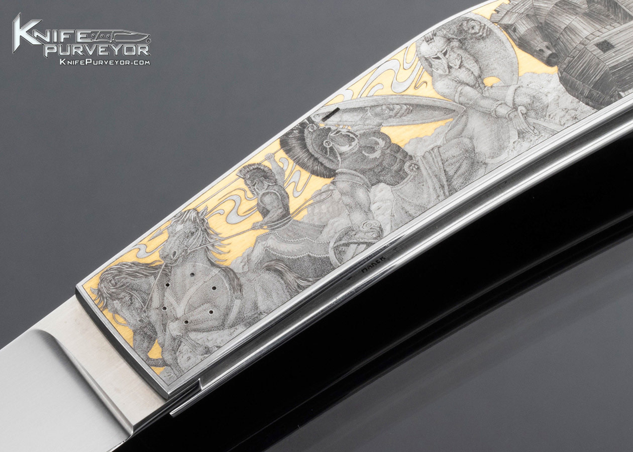 Emmanuel Esposito Custom Knife "The Iliad and The Odyssey" Engraved Jumbo Rhino Tail Lock by Brian Hochstrat with French Fitted Display Case - Image 4