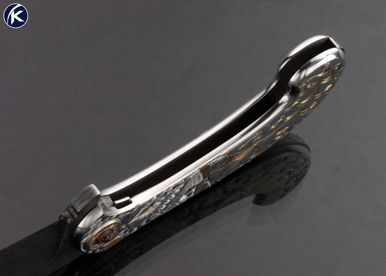 Jody Muller Custom Knife Damascus Blade and Sole Authorship Engraved Frame with Gold Inlays Linerlock Flipper - Image 6