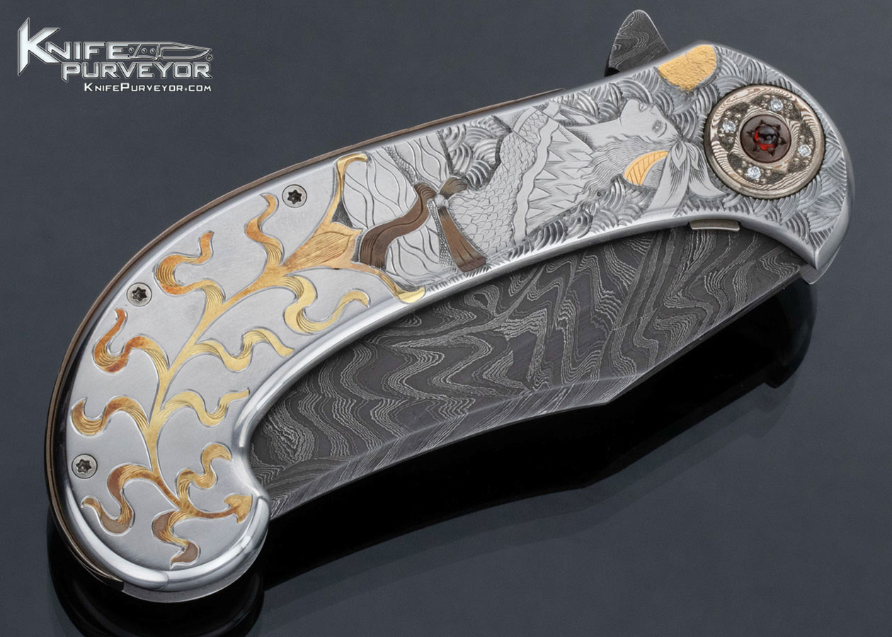 Jody Muller Custom Knife Damascus Blade and Sole Authorship Engraved Frame with Gold Inlays Linerlock Flipper - Image 3
