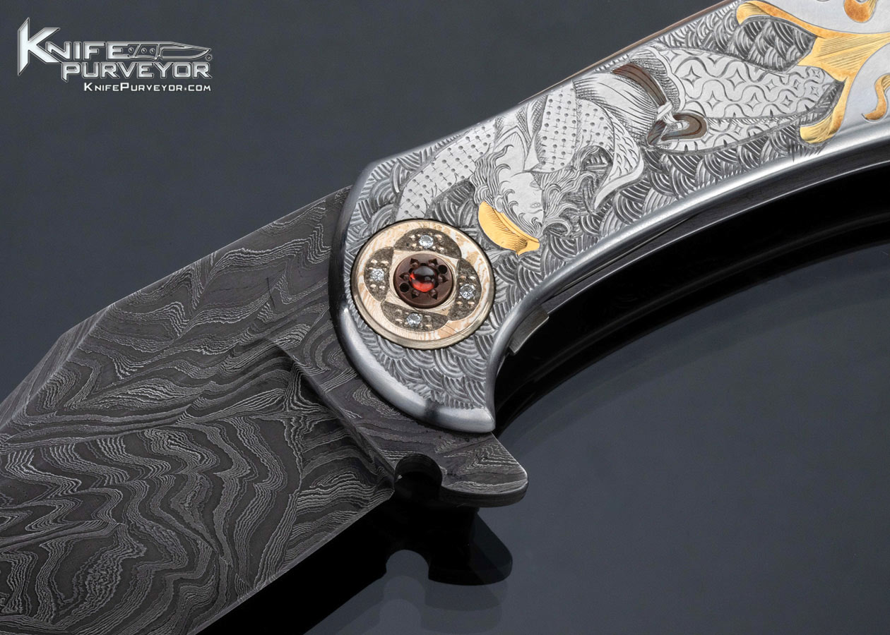 Jody Muller Custom Knife Damascus Blade and Sole Authorship Engraved Frame with Gold Inlays Linerlock Flipper - Image 2
