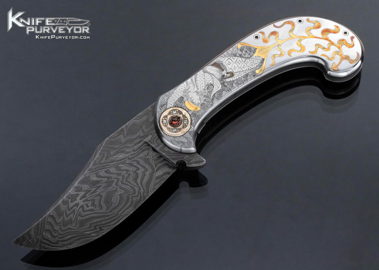 Jody Muller Custom Knife Damascus Blade and Sole Authorship Engraved Frame with Gold Inlays Linerlock Flipper 16869