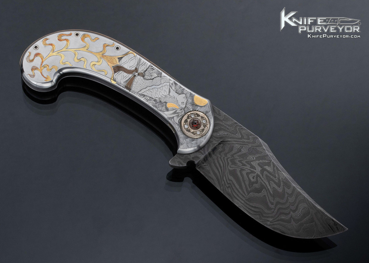 Jody Muller Custom Knife Damascus Blade and Sole Authorship Engraved Frame with Gold Inlays Linerlock Flipper - Image 4