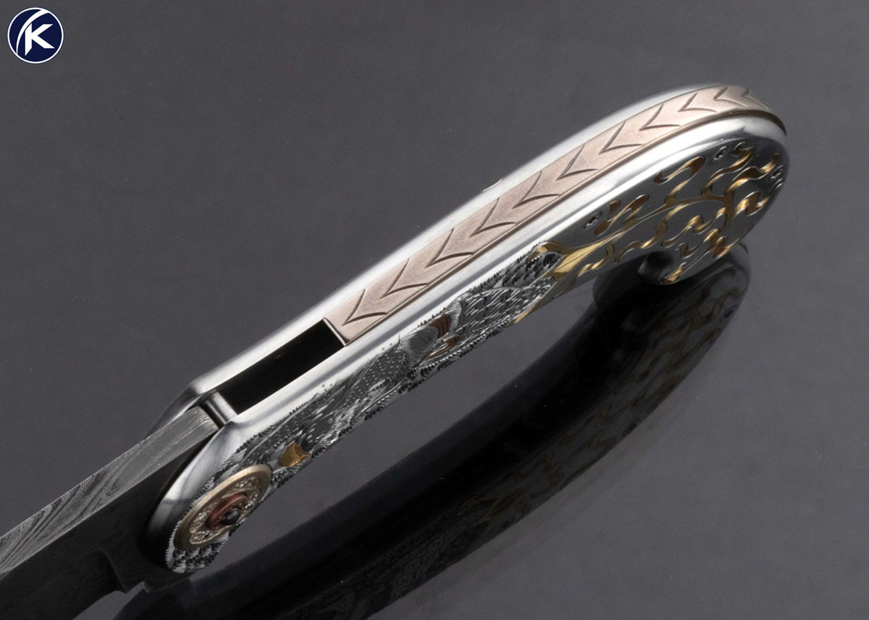 Jody Muller Custom Knife Damascus Blade and Sole Authorship Engraved Frame with Gold Inlays Linerlock Flipper - Image 5