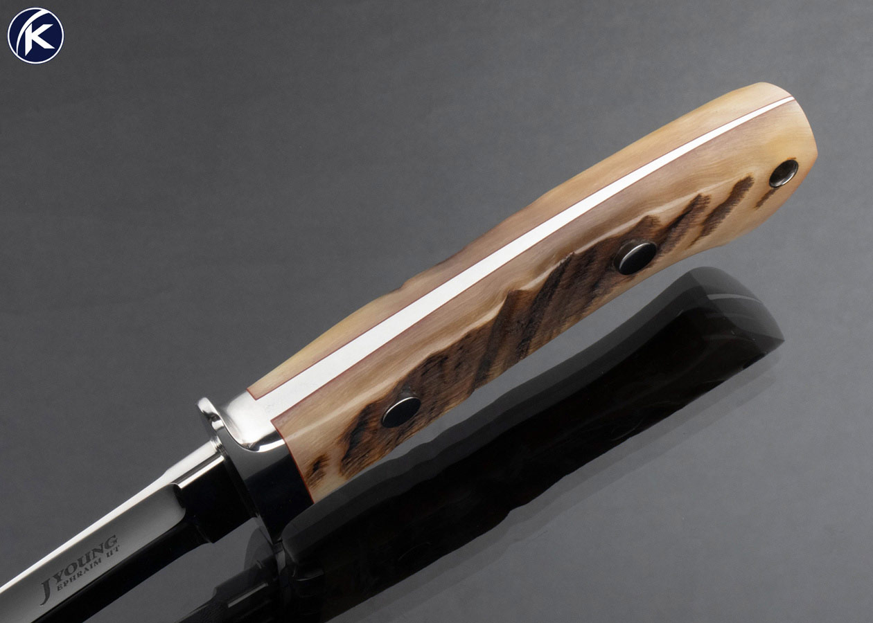John Young Custom Knife Book Matched Ram's Horn 5 Inch Fighter with Leather Sheath - Image 4