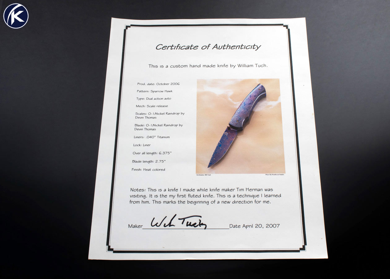 William Tuch Custom Knife Devin Thomas Raindrop Damascus Carved Scale Release Dual Action Automatic Linerlock Sparrowhawk Folder - Image 8