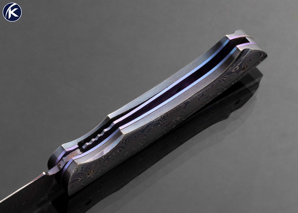 William Tuch Custom Knife Devin Thomas Raindrop Damascus Carved Linerlock Folder 16804