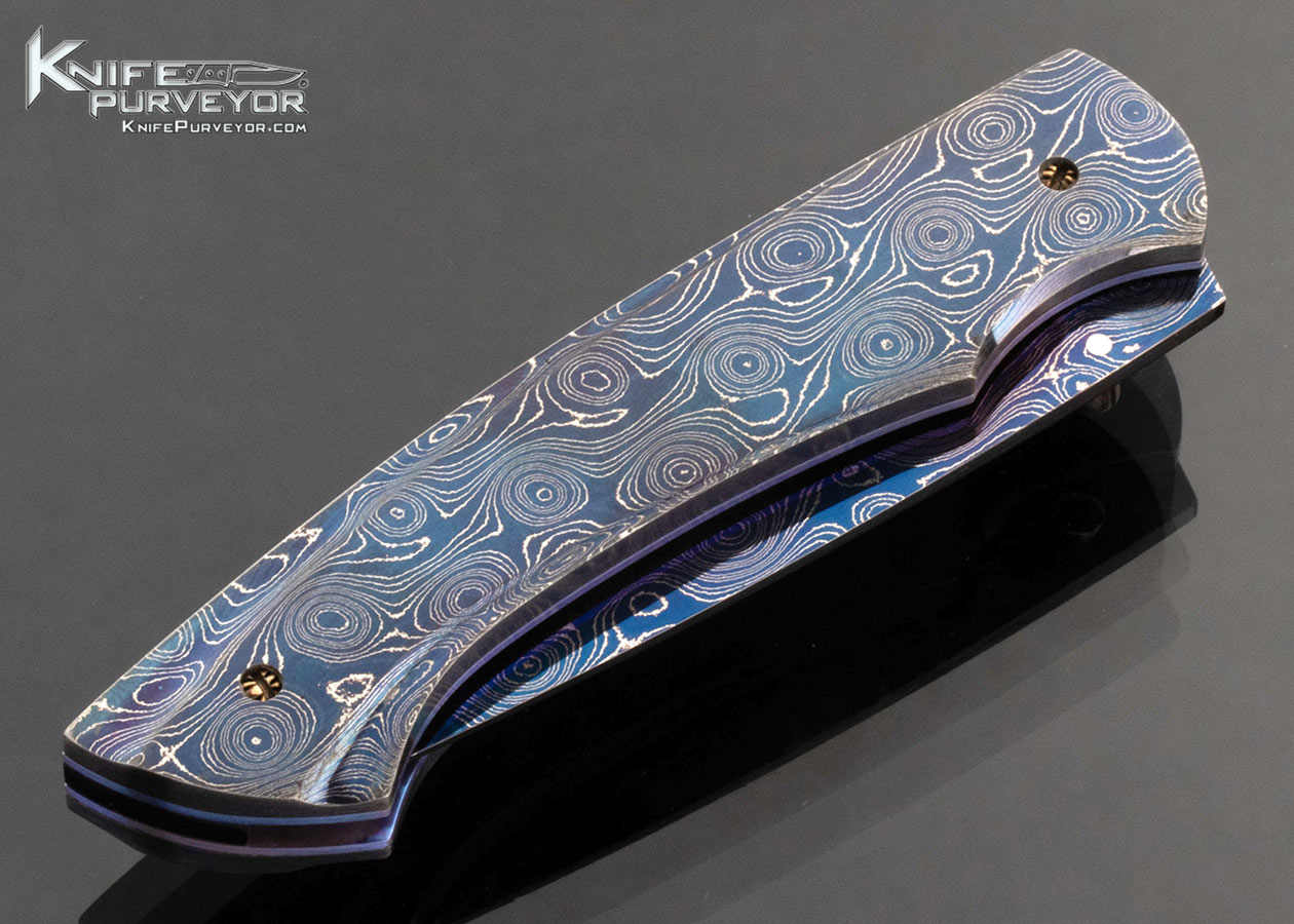 William Tuch Custom Knife Devin Thomas Raindrop Damascus Carved Scale Release Dual Action Automatic Linerlock Sparrowhawk Folder - Image 4