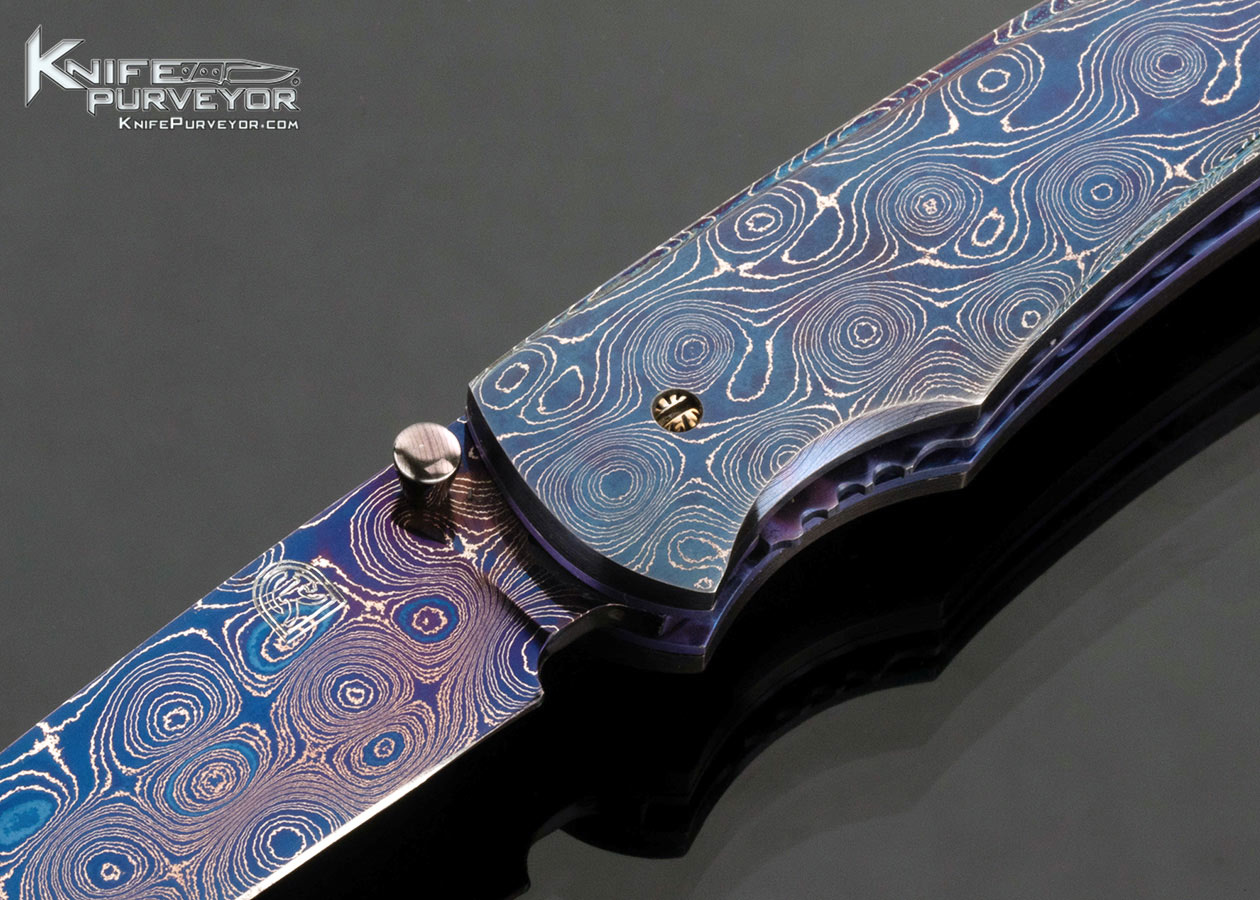 William Tuch Custom Knife Devin Thomas Raindrop Damascus Carved Scale Release Dual Action Automatic Linerlock Sparrowhawk Folder - Image 2
