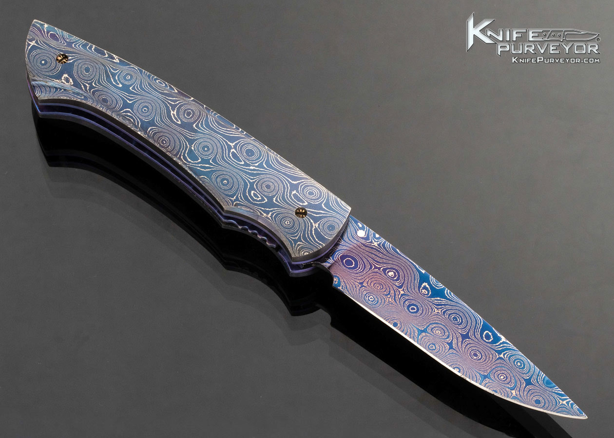 William Tuch Custom Knife Devin Thomas Raindrop Damascus Carved Scale Release Dual Action Automatic Linerlock Sparrowhawk Folder - Image 3