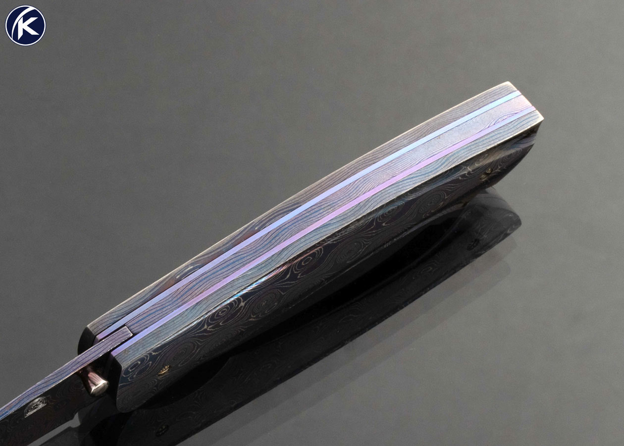 William Tuch Custom Knife Devin Thomas Raindrop Damascus Carved Scale Release Dual Action Automatic Linerlock Sparrowhawk Folder - Image 6