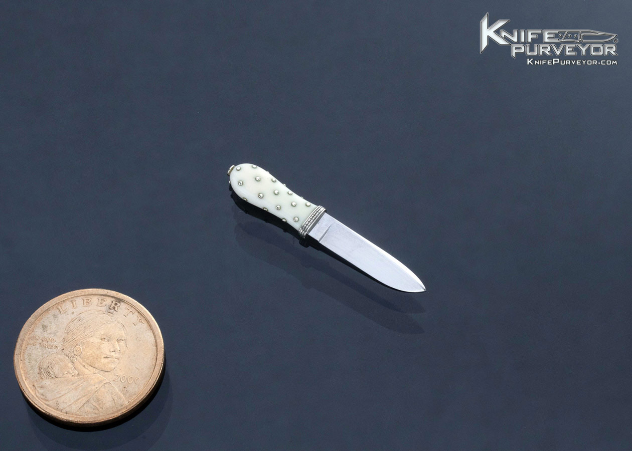 Buster Warenski Custom Knife Miniature Fossil Walrus with Raised Silver Pins Inlaid 16915
