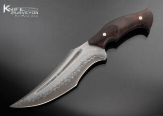 Claudio Sobral Custom Knife San Mai Damascus and Recurved Upswept Burlwood Fighter with Sheath 16884