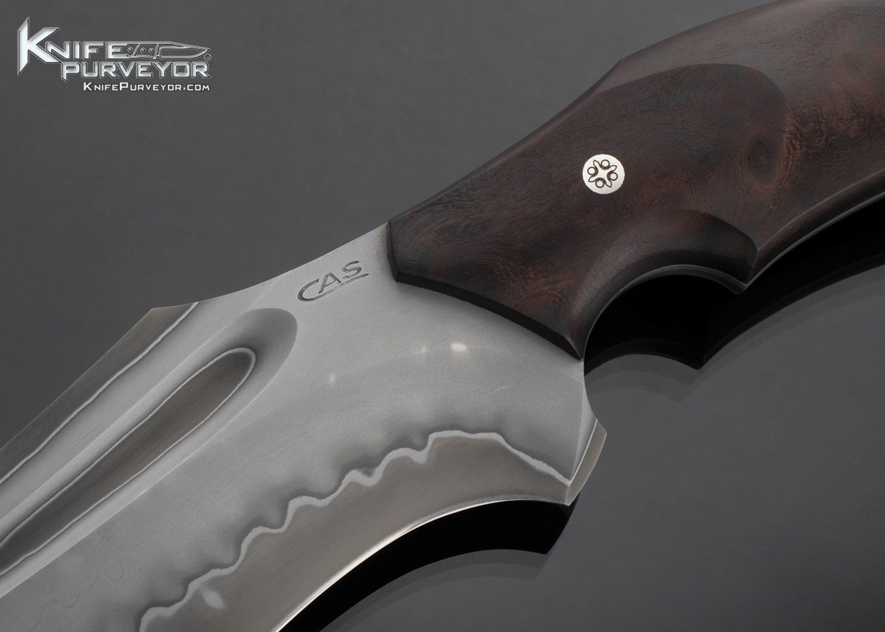 Claudio Sobral Custom Knife San Mai Damascus and Recurved Upswept Burlwood Fighter with Sheath - Image 2