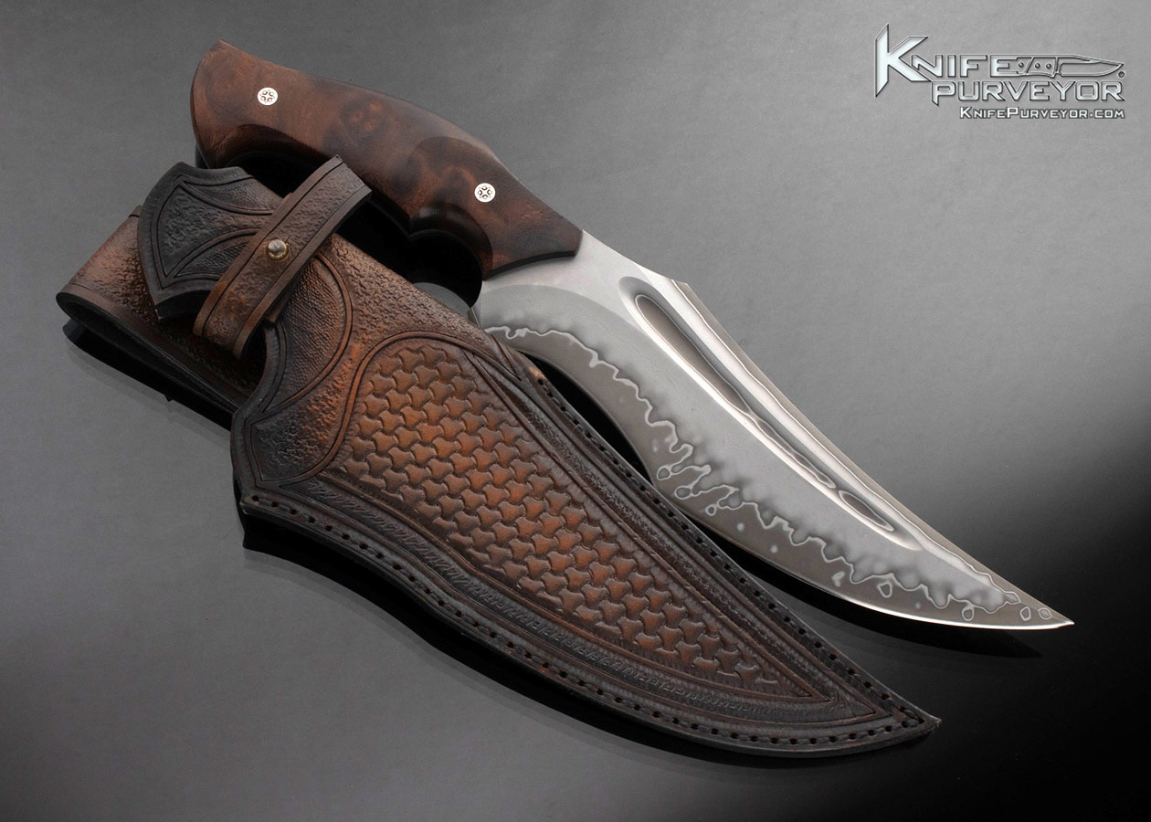 Claudio Sobral Custom Knife San Mai Damascus and Recurved Upswept Burlwood Fighter with Sheath 16884