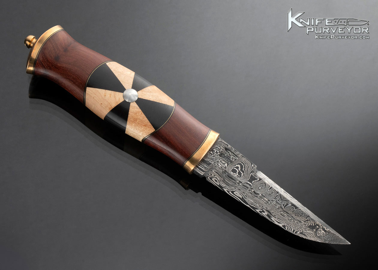 Stuart Smith J.S. Custom Knife Shield Maiden Puukko with Damascus Snake Bean, Ebony and Maple - Image 3