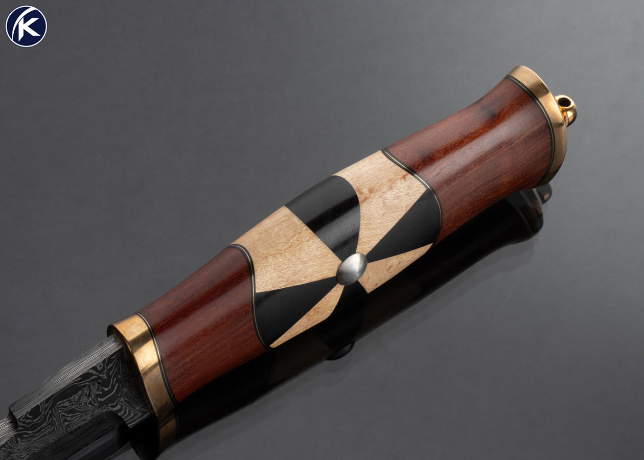 Stuart Smith J.S. Custom Knife Shield Maiden Puukko with Damascus Snake Bean, Ebony and Maple - Image 6