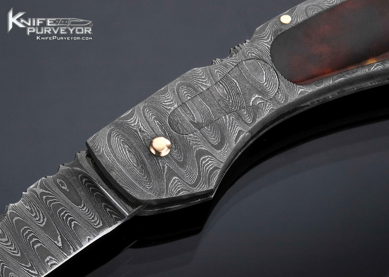 Joe Kious Custom Knife Damascus and Amber Interframe Automatic Lockback - Image 2