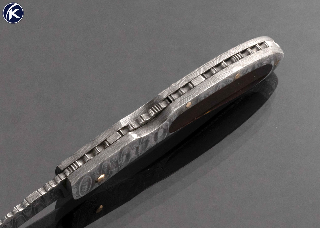 Joe Kious Custom Knife Damascus and Amber Interframe Automatic Lockback - Image 5