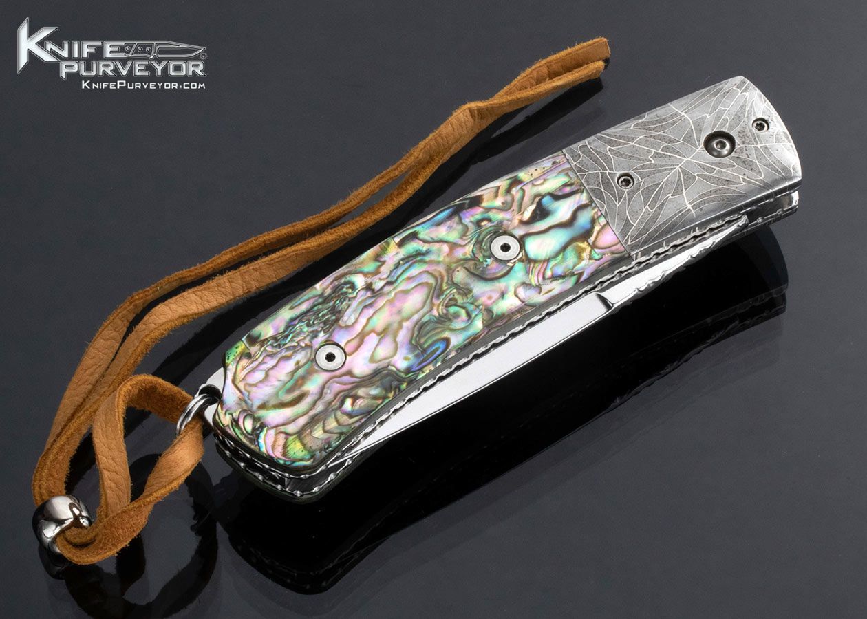 Mike Whiskers Allen Custom Knife Abalone and Damascus Automatic Scale Release - Image 3