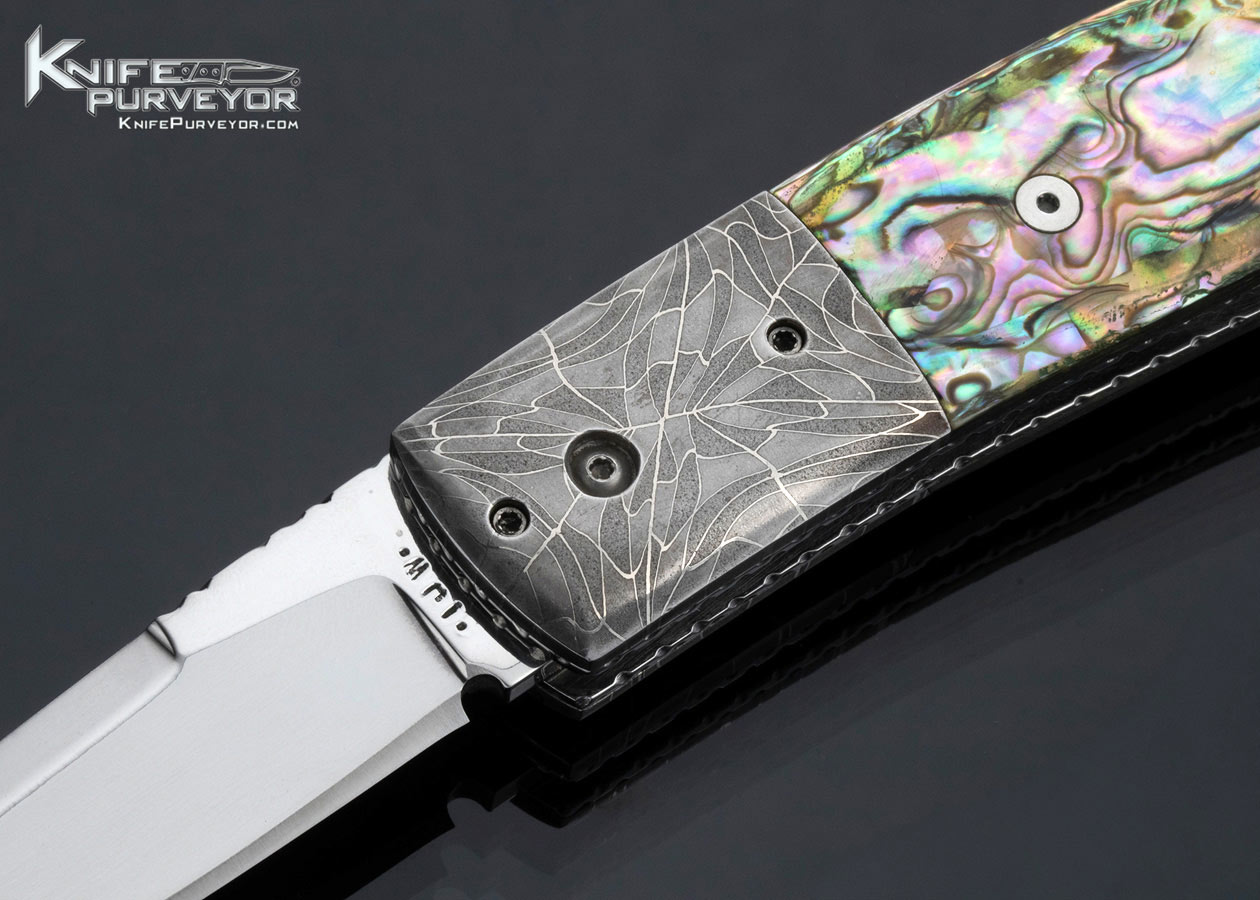 Mike Whiskers Allen Custom Knife Abalone and Damascus Automatic Scale Release - Image 2