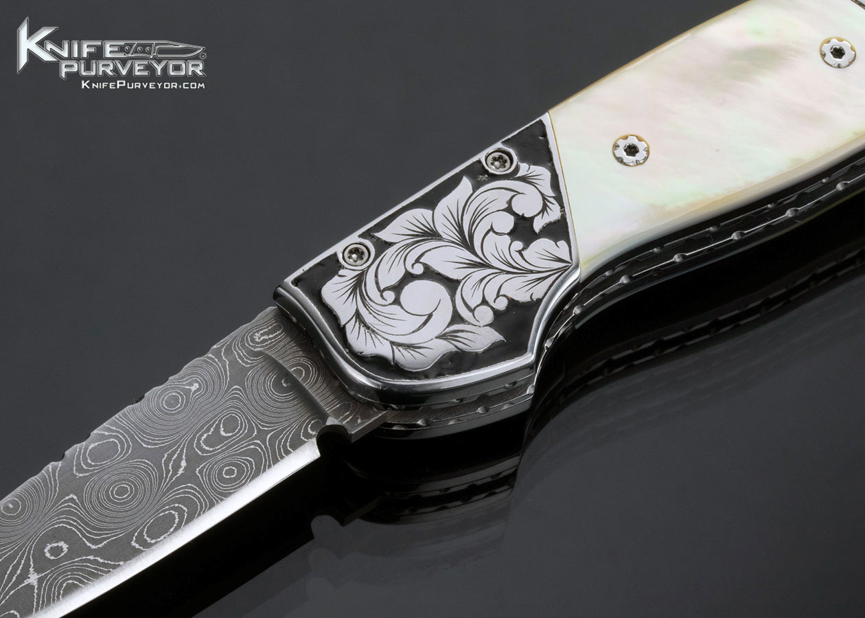 Mike Whiskers Allen Custom Knife Engraved and Gold Lip Pearl Bolster Release Auto - Image 2