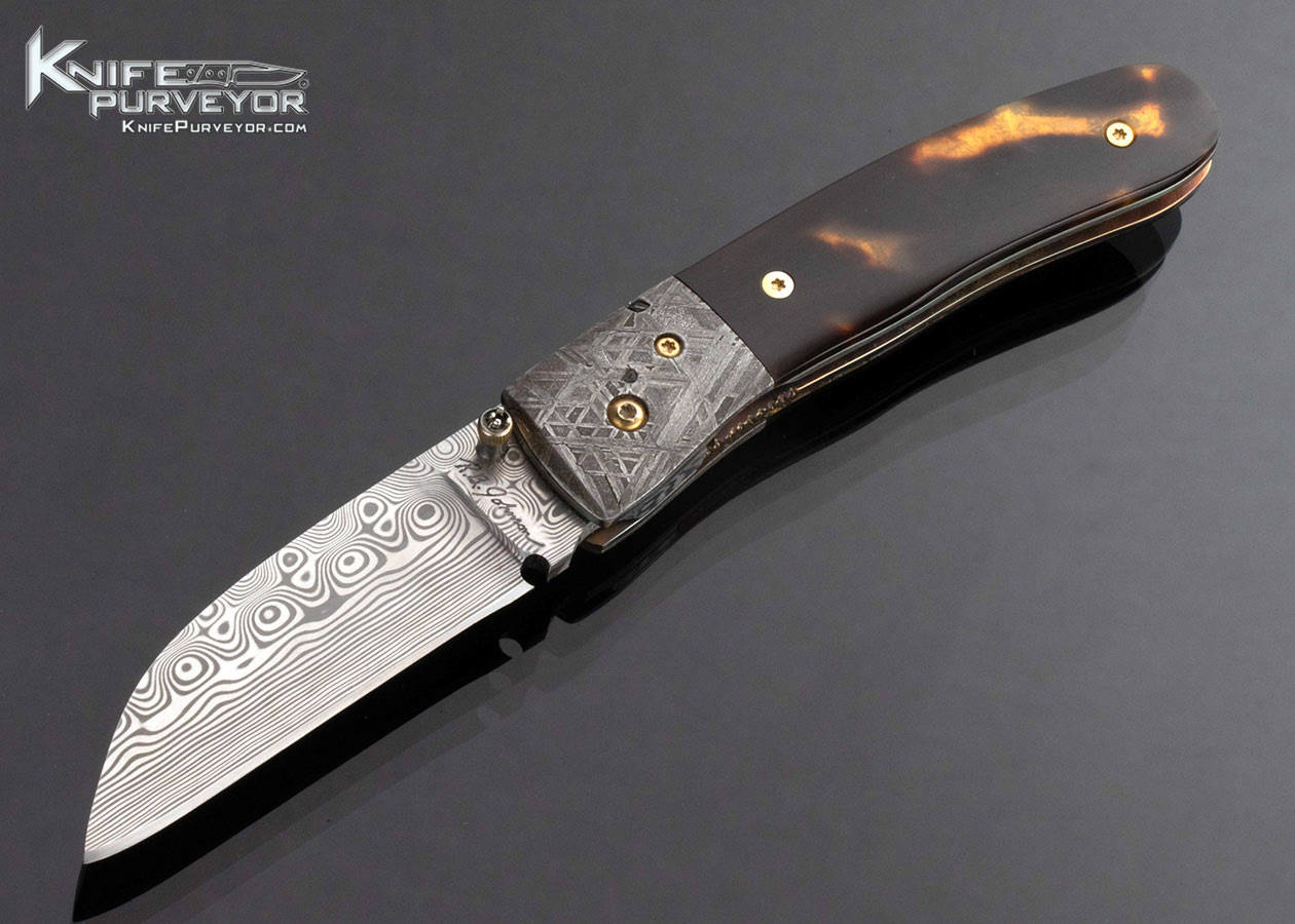 R.B. Johnson Custom Knife Damasteel Gibeon Meteorite and Amber Over 24kt Gold Leaf Linerlock 16956