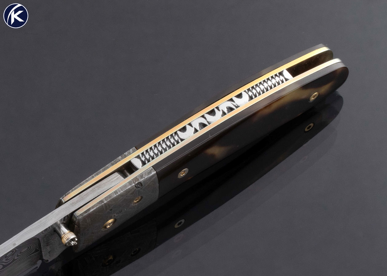 R.B. Johnson Custom Knife Damasteel Gibeon Meteorite and Amber Over 24kt Gold Leaf Linerlock - Image 5