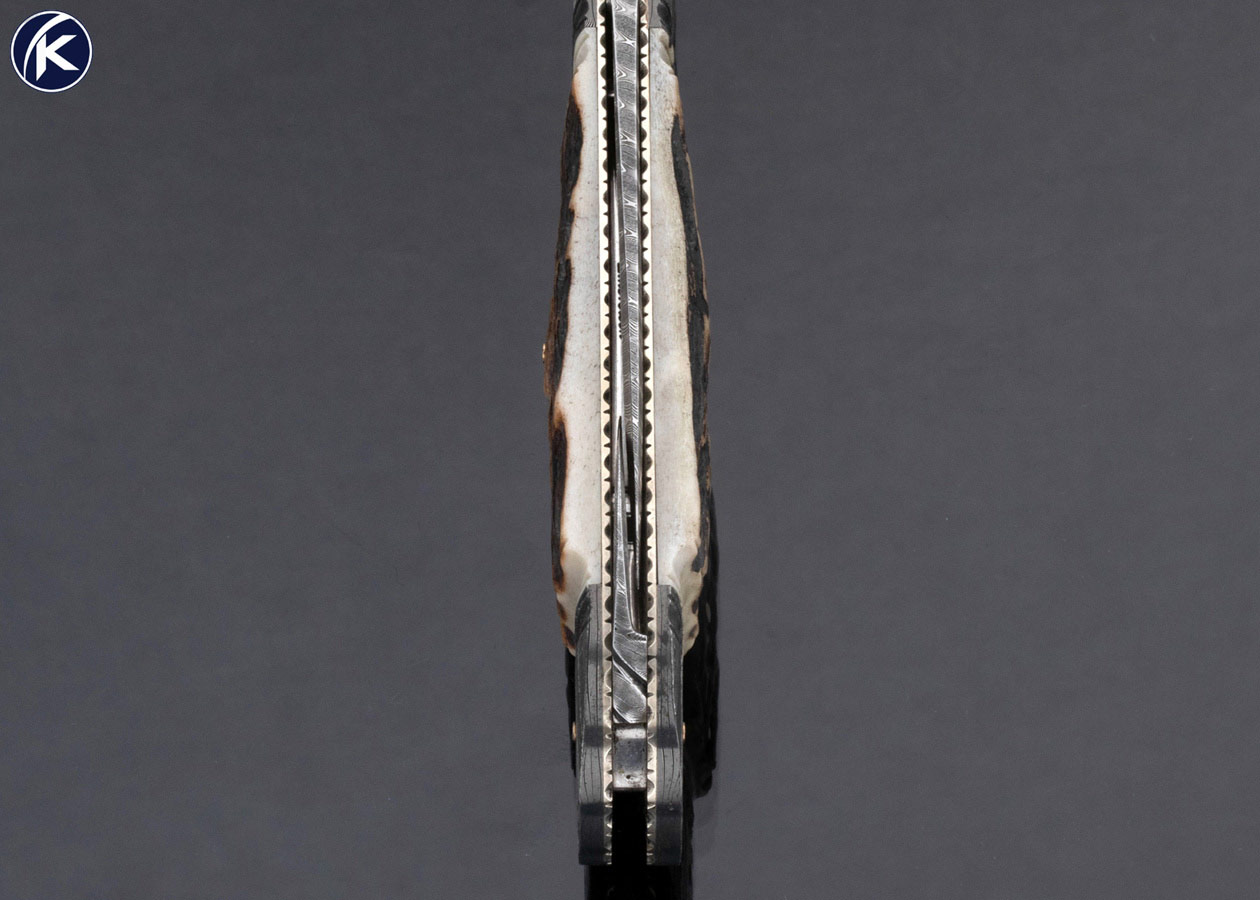 Kay Embretsen Custom Knife Bartenders Knife Sole Authorship Damascus and Stag with Corkscrew Half Stop Slip Joint 17060