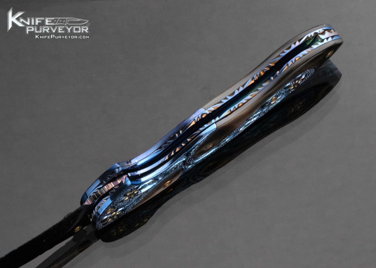 Suchat Jangatong Custom Knife Blued Damascus with Black Lip Tahitian Pearl Inlaid Linerlock - Image 6