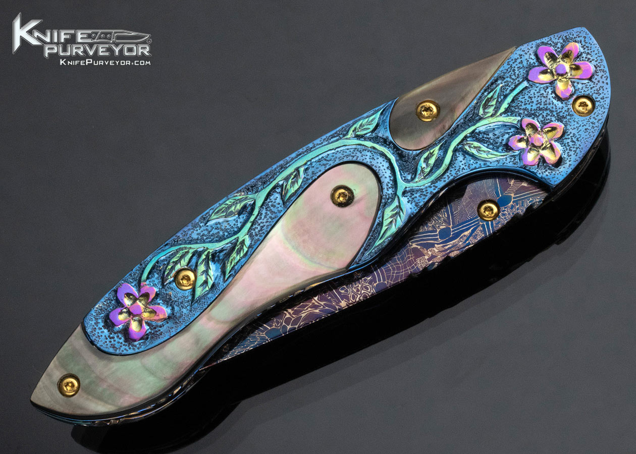 Suchat Jangatong Custom Knife Blued Damascus with Black Lip Tahitian Pearl Inlaid Linerlock - Image 3