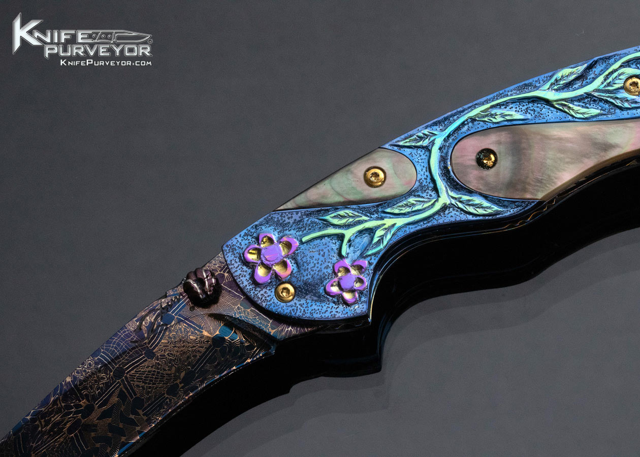 Suchat Jangatong Custom Knife Blued Damascus with Black Lip Tahitian Pearl Inlaid Linerlock - Image 2