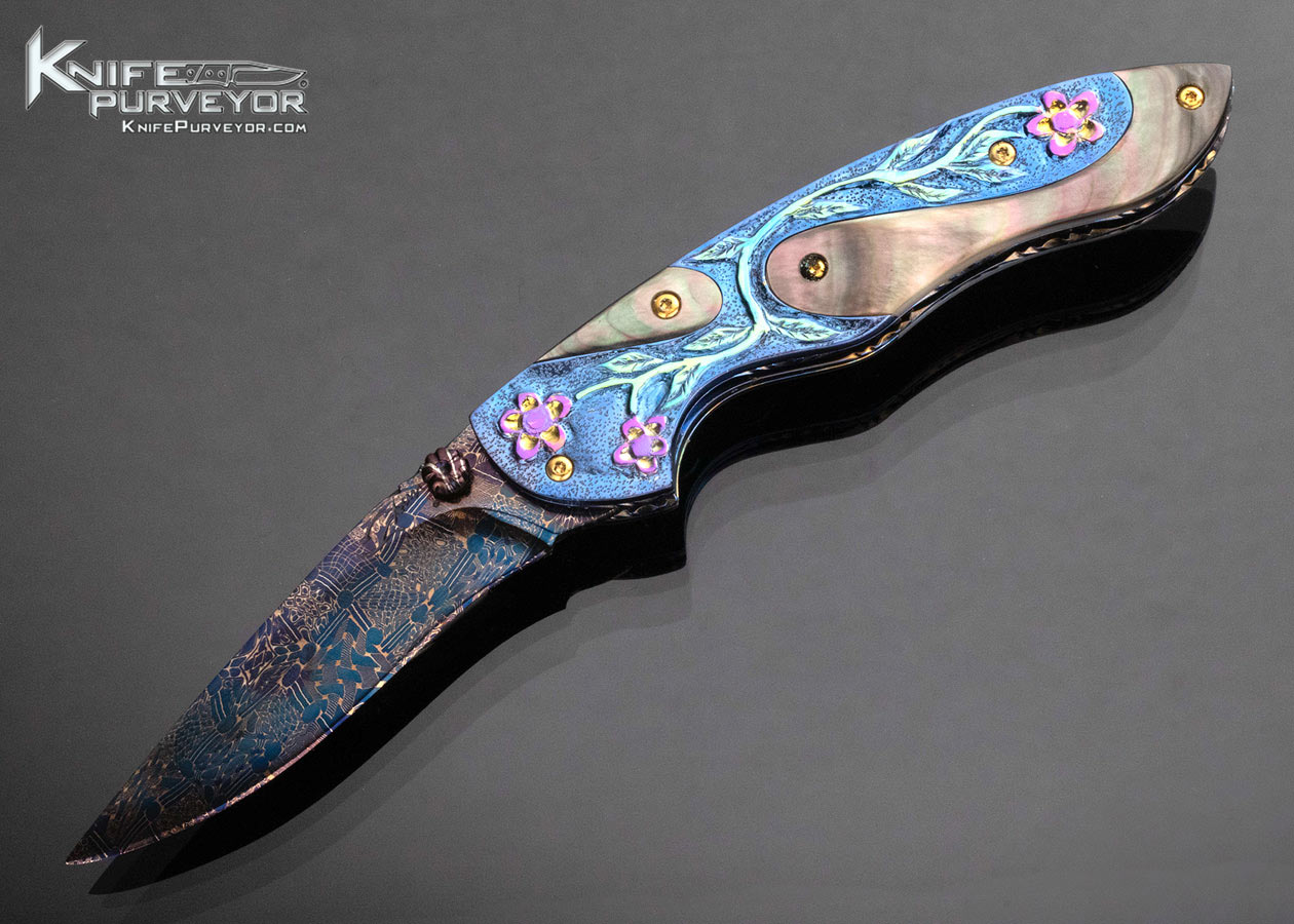 Suchat Jangatong Custom Knife Blued Damascus with Black Lip Tahitian Pearl Inlaid Linerlock 16038