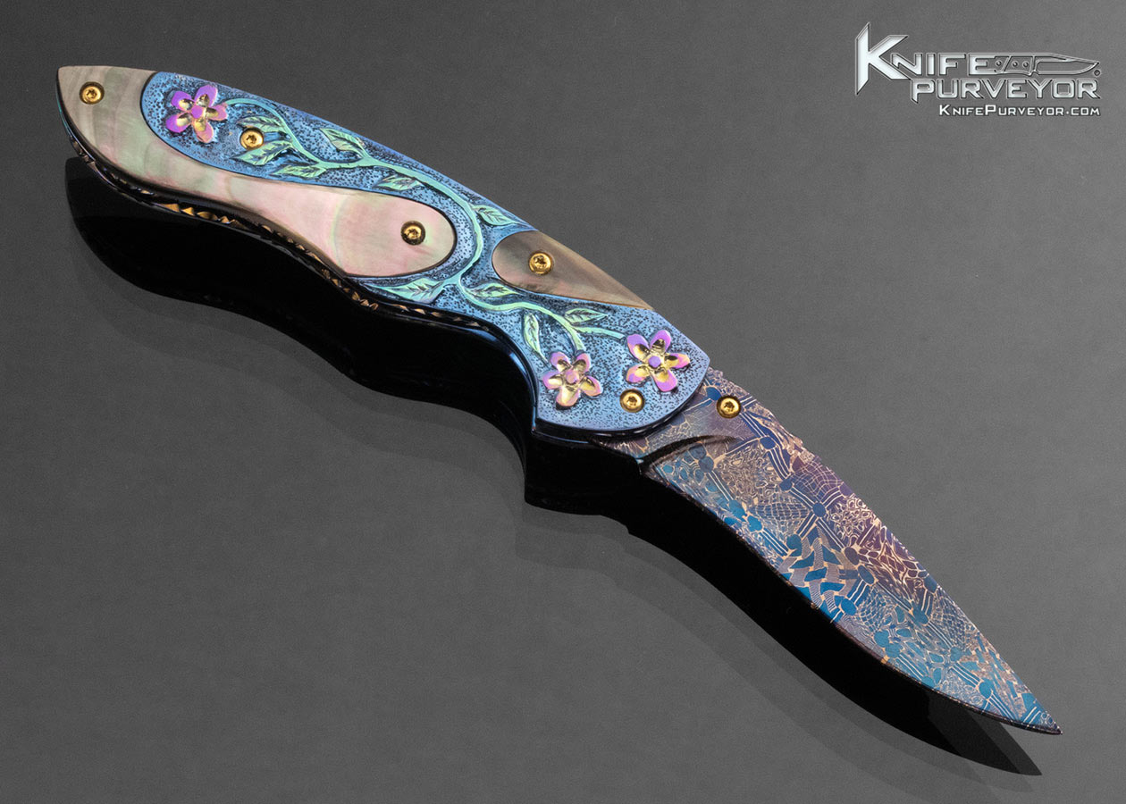 Suchat Jangatong Custom Knife Blued Damascus with Black Lip Tahitian Pearl Inlaid Linerlock - Image 4