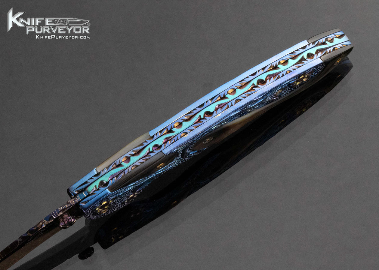 Suchat Jangatong Custom Knife Blued Damascus with Black Lip Tahitian Pearl Inlaid Linerlock - Image 5