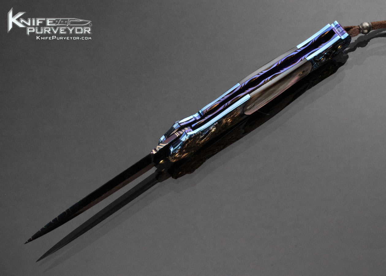 Suchat Jangatong Custom Knife Blued Damscus with Black Lip Tahitian Pearl and Carved Anodized Titanium Linerlock - Image 6