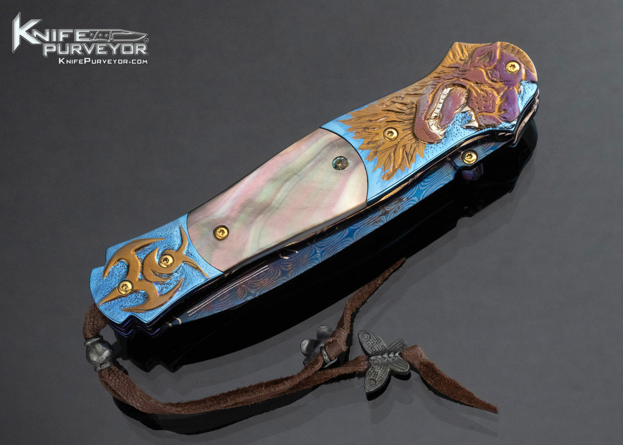 Suchat Jangatong Custom Knife Blued Damscus with Black Lip Tahitian Pearl and Carved Anodized Titanium Linerlock - Image 3