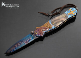 Suchat Jangatong Custom Knife Blued Damscus with Black Lip Tahitian Pearl and Carved Anodized Titanium Linerlock 16044