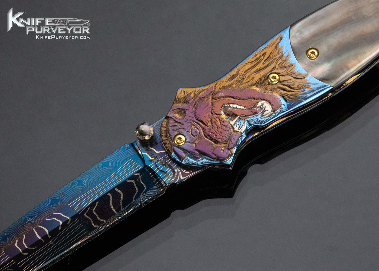 Suchat Jangatong Custom Knife Blued Damscus with Black Lip Tahitian Pearl and Carved Anodized Titanium Linerlock - Image 2