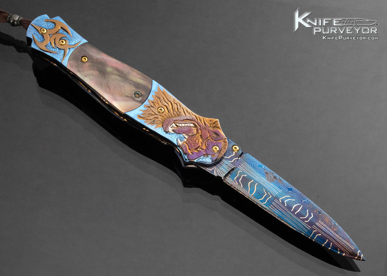 Suchat Jangatong Custom Knife Blued Damscus with Black Lip Tahitian Pearl and Carved Anodized Titanium Linerlock - Image 4